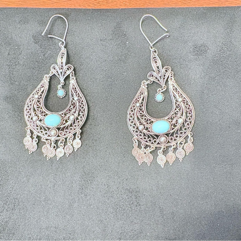 Ornate Silver and Turquoise Drop Earrings